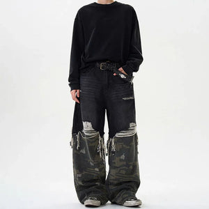 VILZSTUDIOS Retro Camouflage Stitched Baggy Ripped Jeans