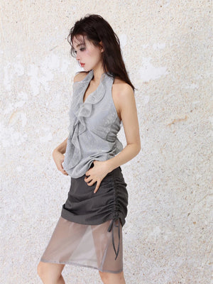 VILZSTUDIOS Glittery Ruffles Backless Halter Top