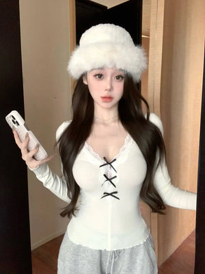 VILZSTUDIOS Sexy Bow Tie V-Neck Long Sleeve T-Shirt