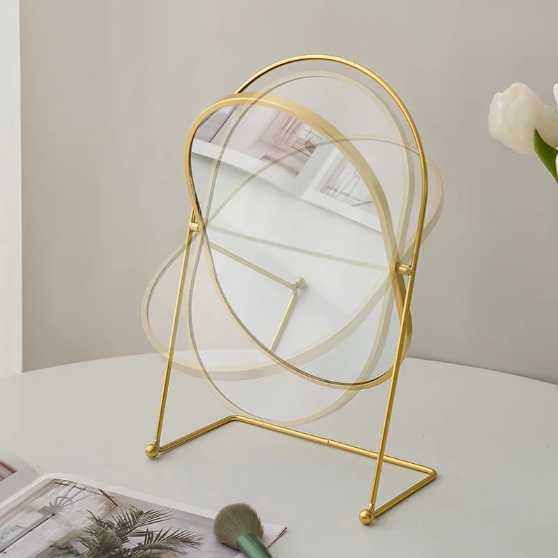 VILZSTUDIOS 360°Rotate Oval Makeup Mirror Nordic Brass Gold Metal Retro Dressing Desktop Bedroom Square Round Dormitory Makeup Mirror