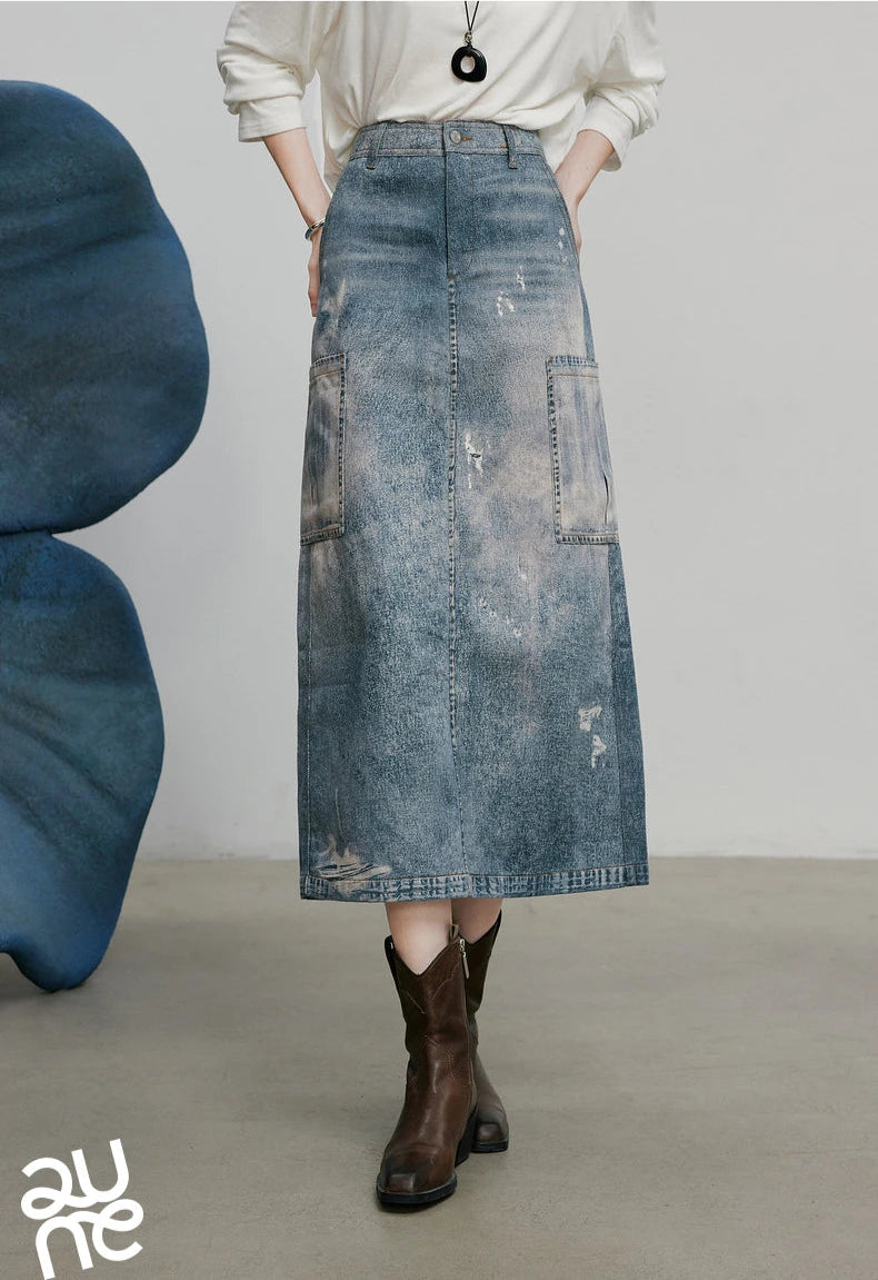 VILZSTUDIOS Vintage Printed High Waist Denim Skirt