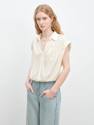 VILZSTUDIOS French Lazy Relaxed V-Neck Commuter Blouse