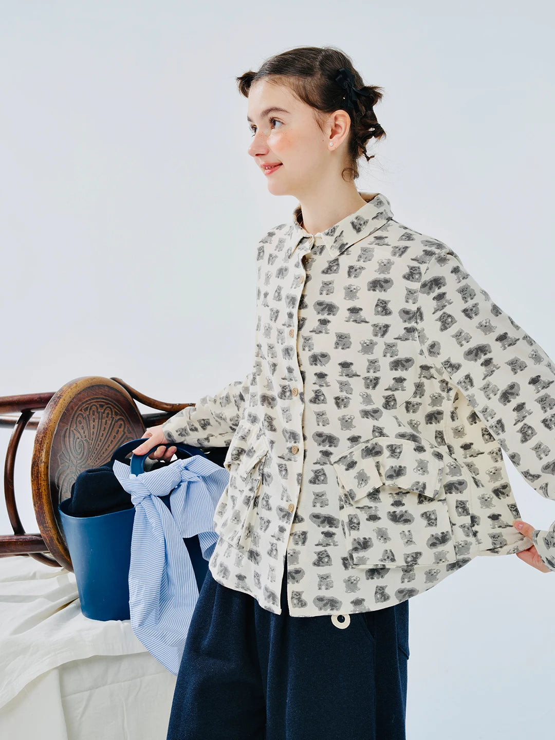 VILZSTUDIOS Lapel Cartoon Print Long Sleeve Shirt