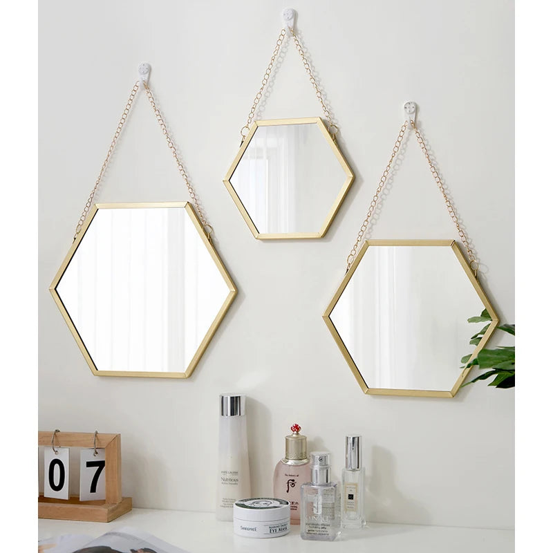 VILZSTUDIOS Hexagon Shape Decorative Mirror Wall Decor Makeup Hanging Mirror Bathroom Cosmetic Mirror Bedroom Room Wall Decoration
