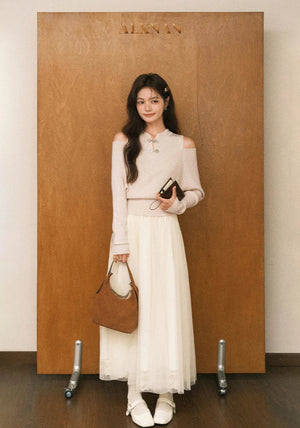 VILZSTUDIOS Beige Chinese Style Off-Shoulder Sweater