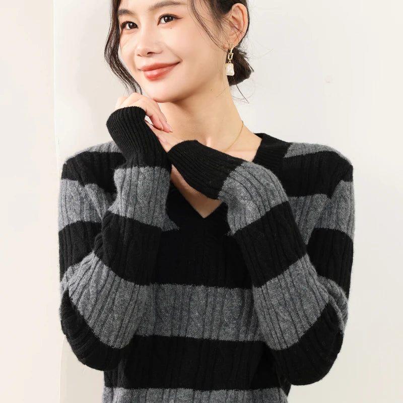 VILZSTUDIOS Cozy Wool Color Block V-Neck Sweater