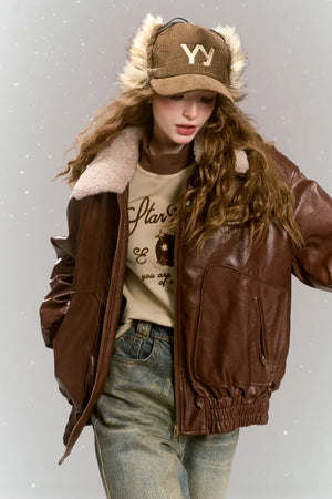 VILZSTUDIOS Vintage Brown Fleece Neck PU Leather Jacket