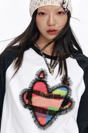 VILZSTUDIOS Patchwork Heart Printed Raglan Long Sleeve Top