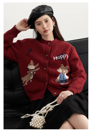 VILZSTUDIOS Retro Jacquard Happy Bear Cardigan