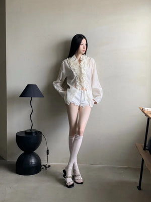 VILZSTUDIOS Ruffled Sheer Long Sleeve Designer Shirt