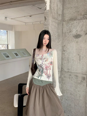 VILZSTUDIOS Floral Knitted Ribbed Long Bell Sleeve Top
