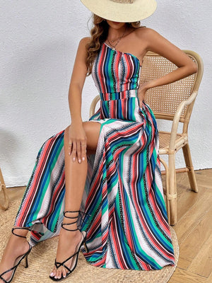 VILZSTUDIOS Striped Print One Shoulder Summer Dress