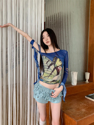 VILZSTUDIOS Blue Butterfly Mesh Off Shoulder Long Sleeve Top