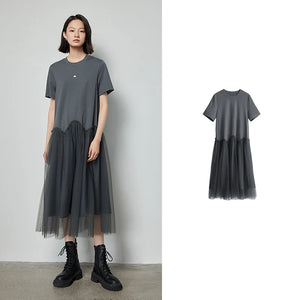 VILZSTUDIOS Stylish Mesh Splicing Mid-Length Skirt T-Shirt