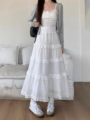 VILZSTUDIOS Elegant White Lace Patchwork Midi Skirt