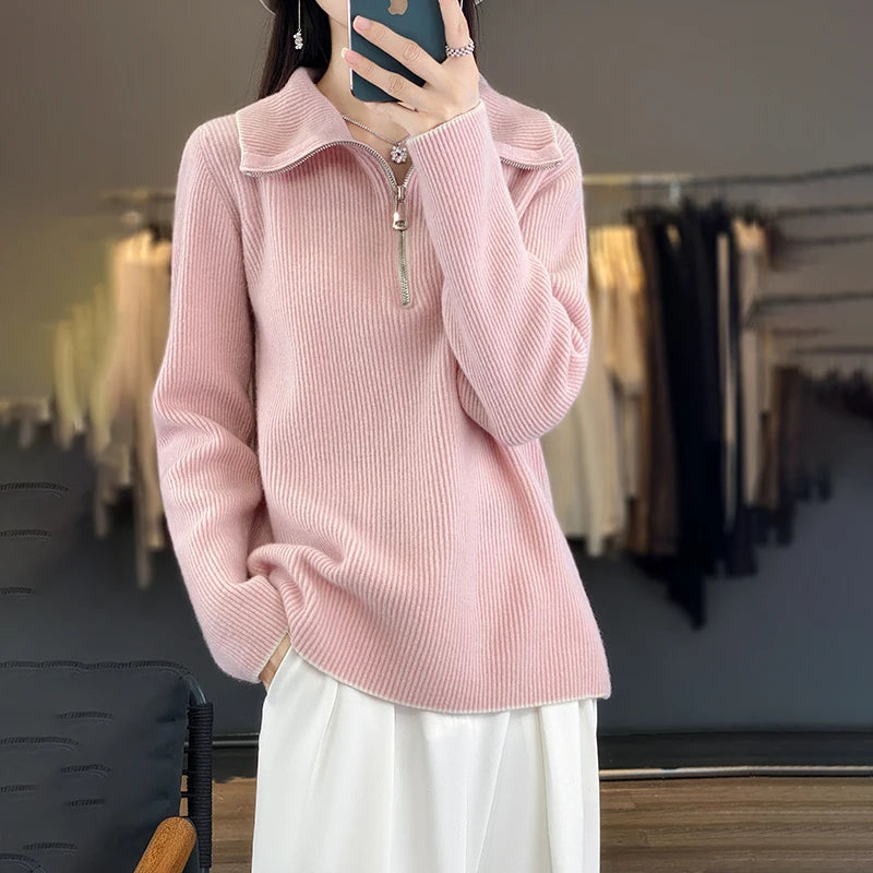 VILZSTUDIOS Cozy Wool Zip-Up Sweater Pullover Womens
