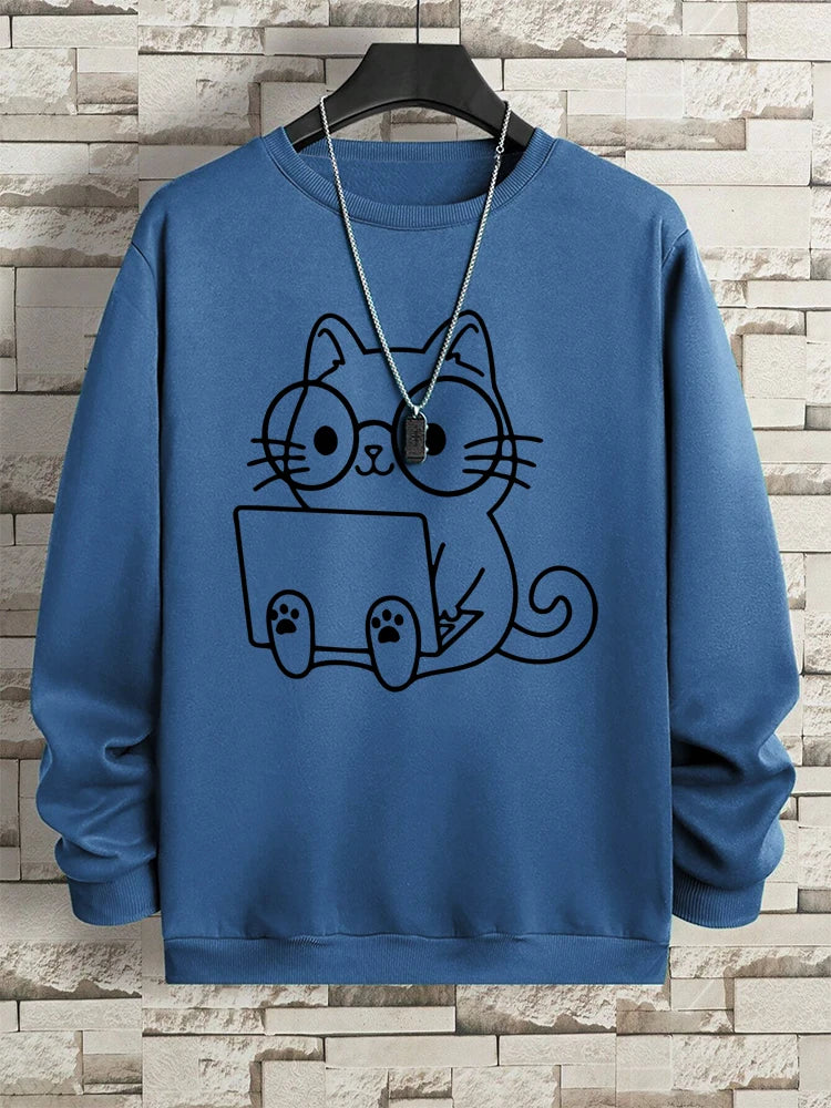 VILZSTUDIOS Nerdy Cat Print Loose Long Sleeve Top