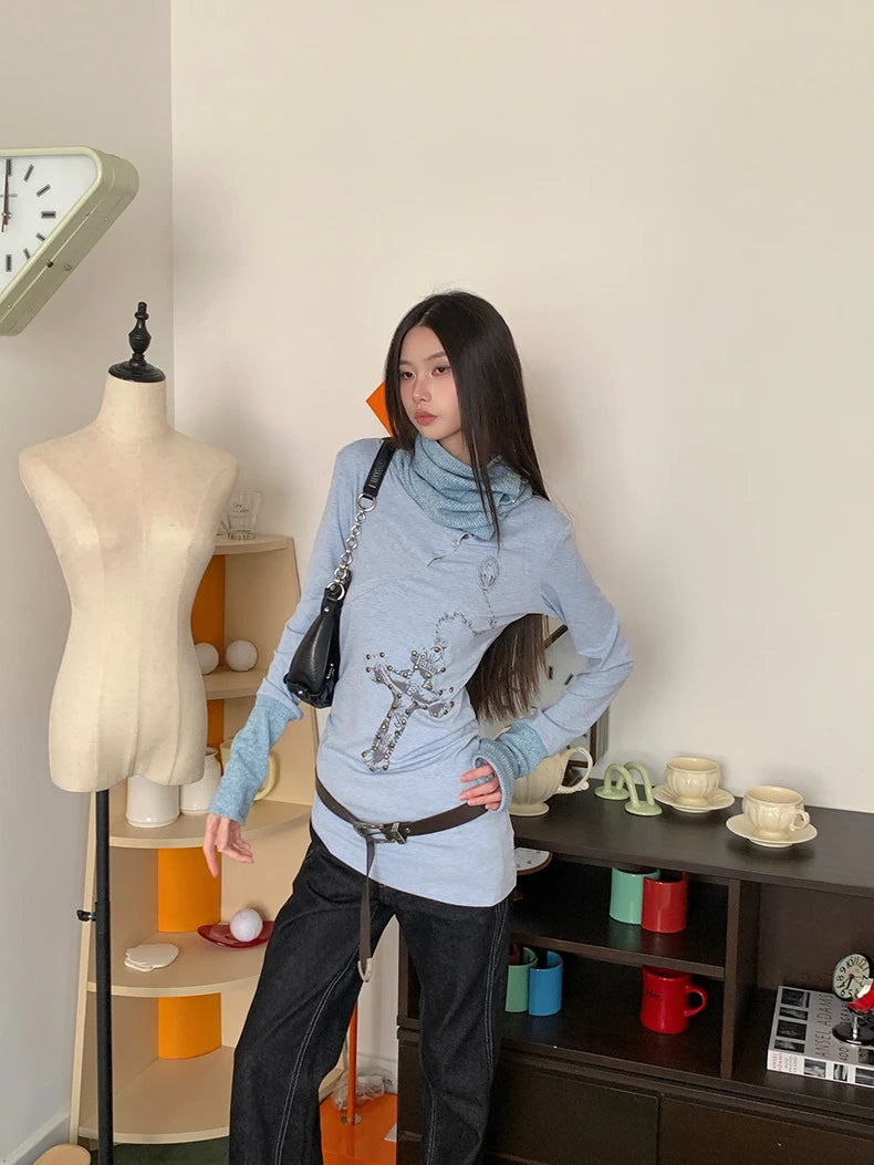 VILZSTUDIOS Rivet Designer Light Blue Knit Top