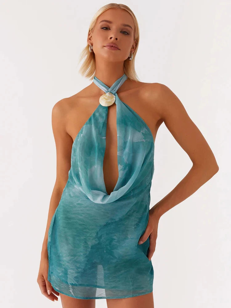 VILZSTUDIOS Sexy Halter Backless Tie Dye Mini Dress