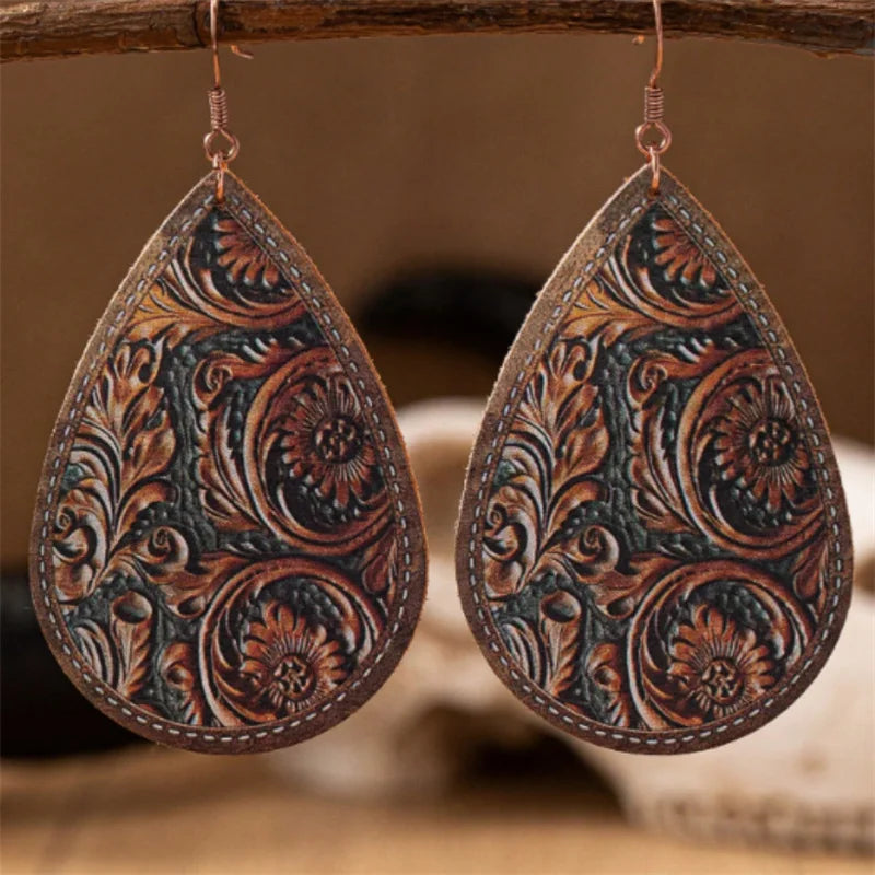 VILZSTUDIOS Retro Ethnic Leather Carved Dangle Earring