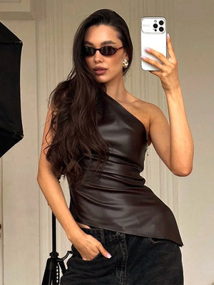 VILZSTUDIOS Slim Fit One Shoulder Faux Leather Sleeveless Top