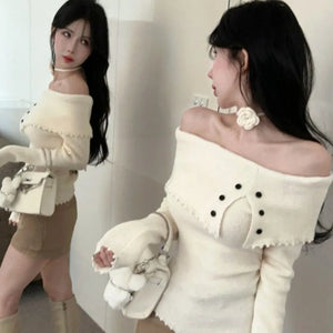 VILZSTUDIOS Chic Flower Knitwear Slash Neck Sweater