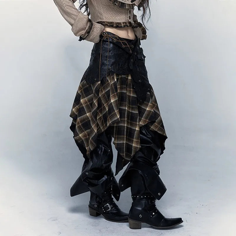 VILZSTUDIOS Vintage Plaid Patchwork Irregular Skirt Gothic