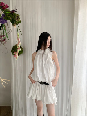 VILZSTUDIOS White Ruffles Halter Mini Dress Designer