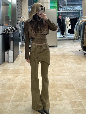 VILZSTUDIOS Vintage Khaki Flare Pants Retro Pants