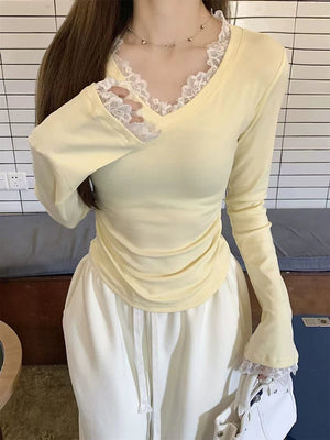 VILZSTUDIOS Chic Lace V-Neck Slim Long Sleeve Top