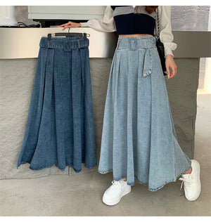 VILZSTUDIOS Vintage Blue Pleated A-Line Denim Skirt