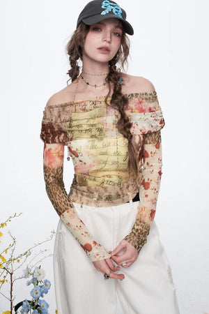 VILZSTUDIOS Elegant Printed Mesh Long Sleeve Blouse