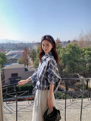 VILZSTUDIOS Blue Plaid Loose Drawstring Shirt