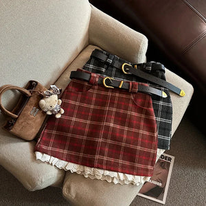 VILZSTUDIOS Plaid Lace Mini Skirt