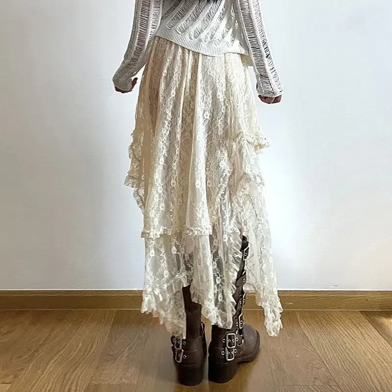 VILZSTUDIOS Vintage Boho Lace Asymmetrical Skirt