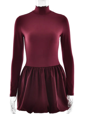 VILZSTUDIOS Burgundy Patchwork Turtleneck Long Sleeve Mini