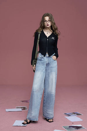 VILZSTUDIOS Y2K Streetwear V-Neck Letter Print Black Crop Top