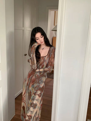 VILZSTUDIOS Brown Abstract Print Long Sleeve Dress