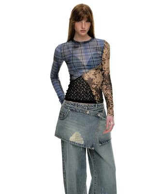VILZSTUDIOS Stylish Plaid Mesh Patchwork Long Sleeve Top