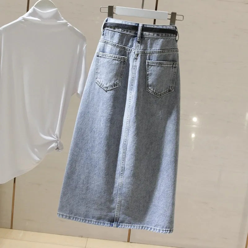 VILZSTUDIOS Light Blue High Waist Denim Midi Skirt