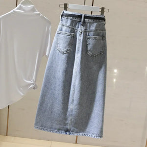 VILZSTUDIOS Light Blue High Waist Denim Midi Skirt