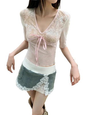 VILZSTUDIOS Pink Tie Dye Bow Mesh T-Shirt