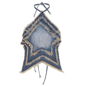 VILZSTUDIOS Fringed Star Denim Halter Top