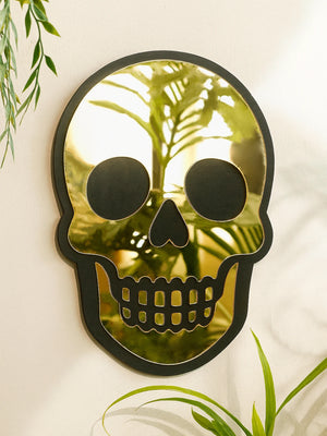 VILZSTUDIOS Halloween Skull Shaped Acrylic Wall Mirror Black Frame Wall Hanging Golden Decorative Mirror for Home Living Room & Bedroom Gift