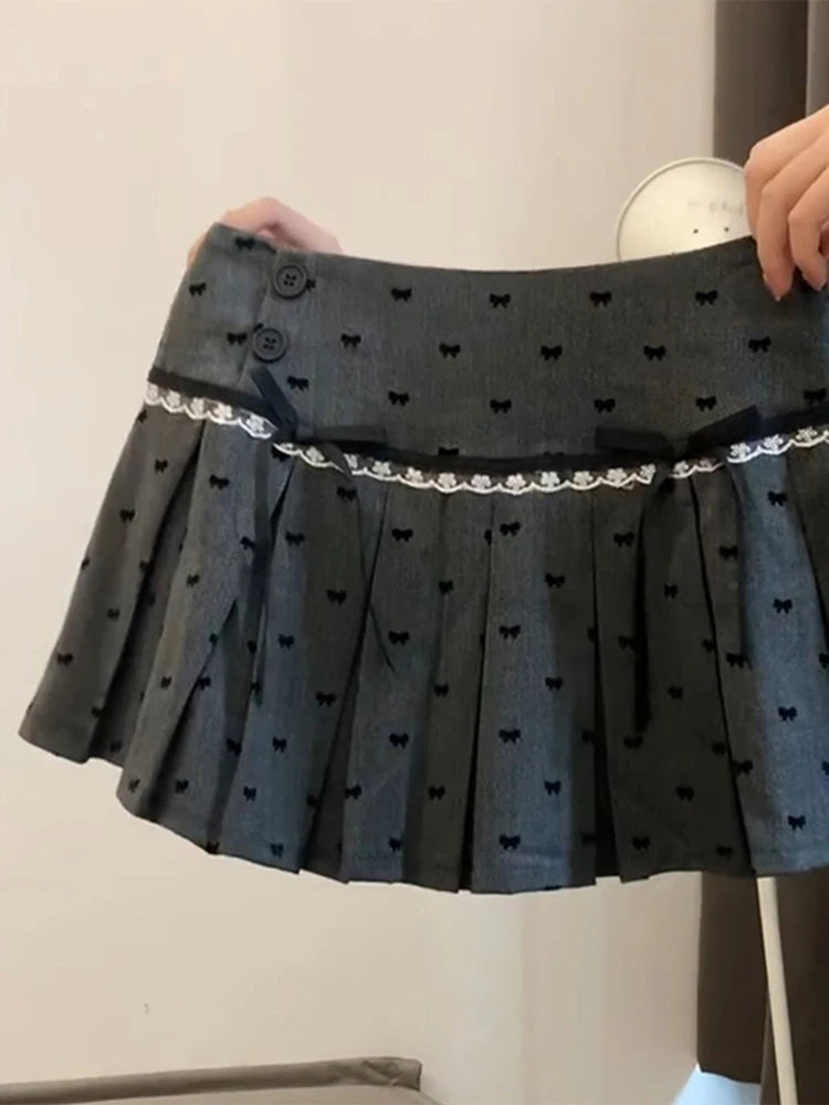 VILZSTUDIOS Vintage Grey A-Line Ribbon Prints Mini Skirt