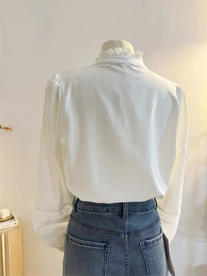 VILZSTUDIOS Lace Splicing Patchwork Stand Neck Shirt