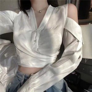 VILZSTUDIOS Chic Hollow Out Off-Shoulder Cropped Shirt