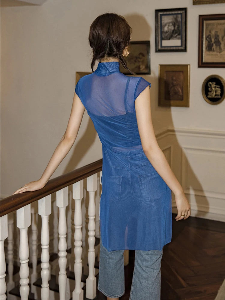 VILZSTUDIOS Blue Buddha Print Mesh Turtleneck Blouse