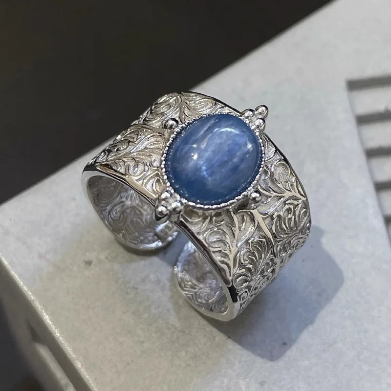 VILZSTUDIOS Elegant Blue Stone Leaf Flower Ring
