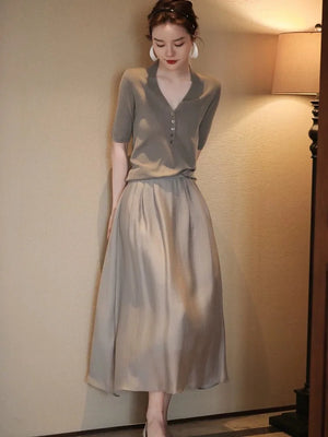 VILZSTUDIOS Elegant French Silk A-Line Midi Skirt